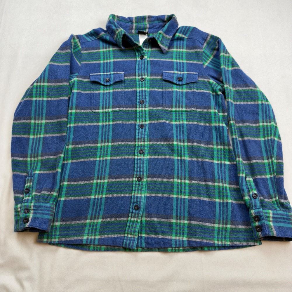 Patagonia Organic Cotton Plaid Flannel Shirt Womens‎ Size 8 Blue Green